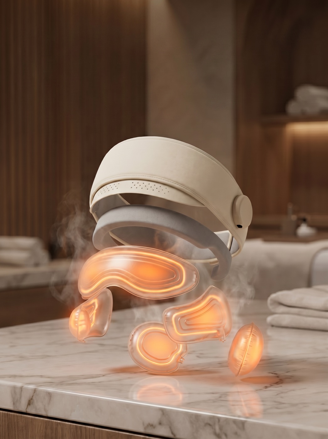 The Kalmely device above a marble surface with its six airbags suspended below, glowing warm from the optional heat element
