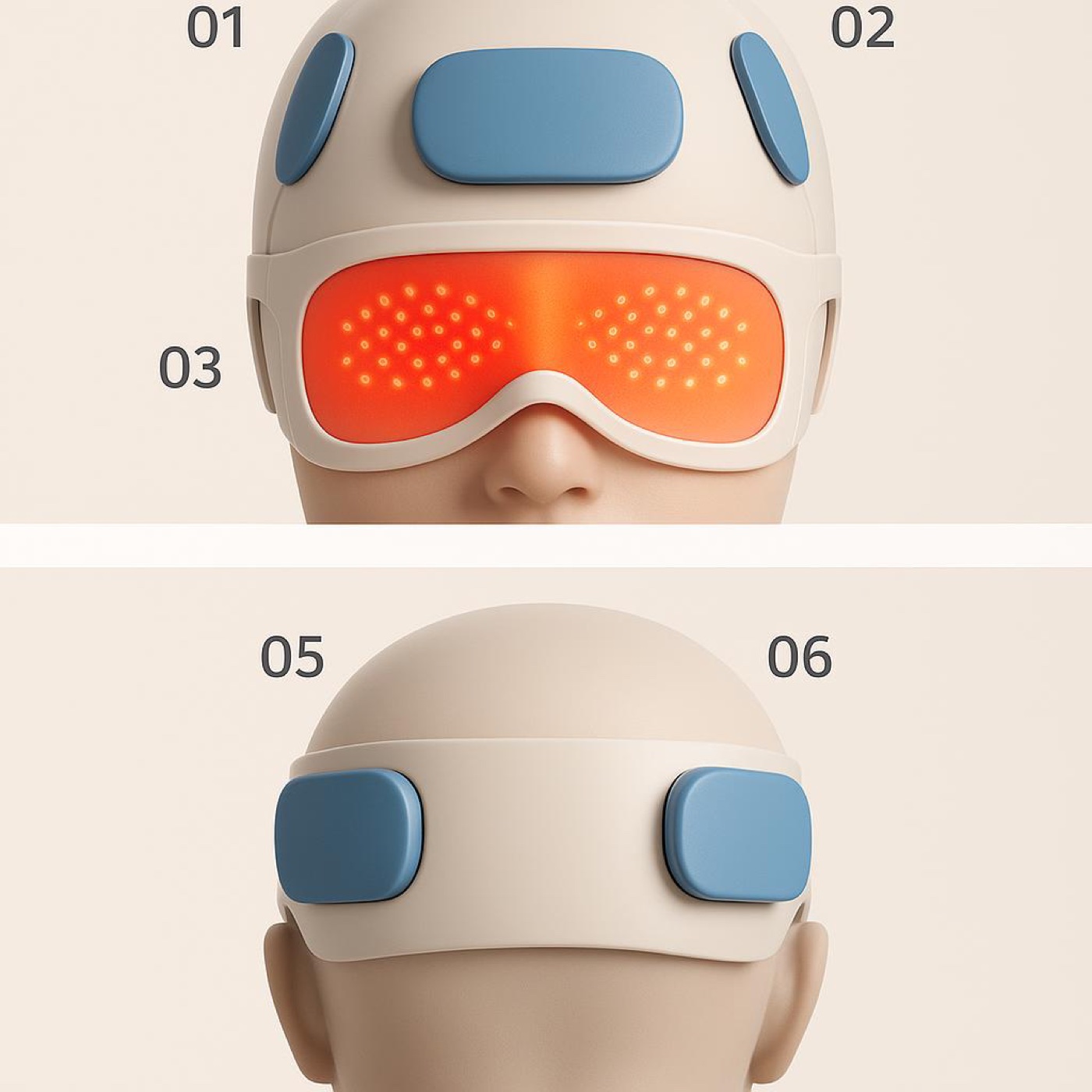 Diagram showing six pressure points on the head: zones 01 and 02 on the forehead, zone 03 over the eyes with a graphene heat element glowing orange, and zones 05 and 06 over the occipital nerve at the back of the head