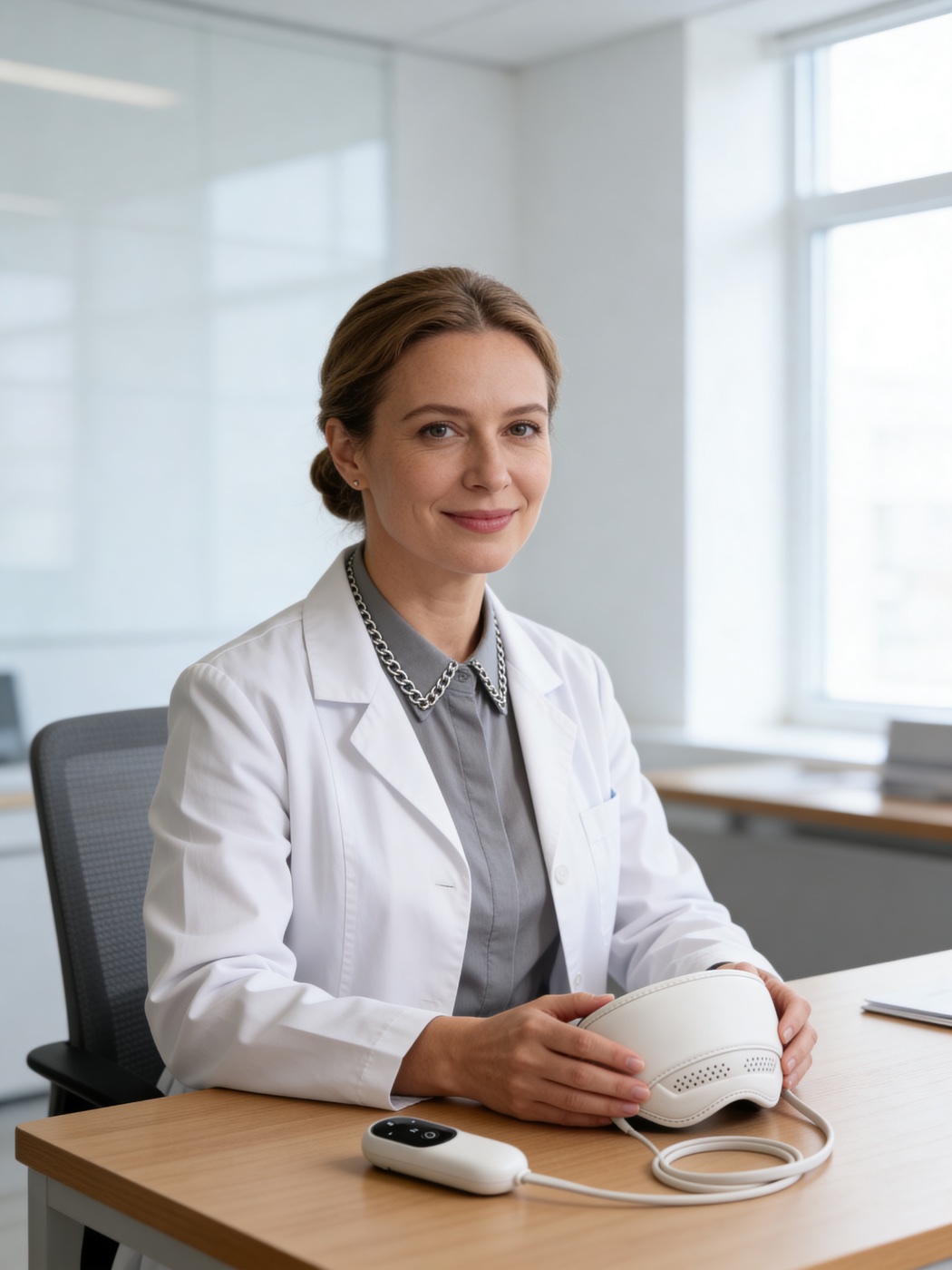 A consultant neurologist seated at a clinic desk with Kalmely on the table beside her
