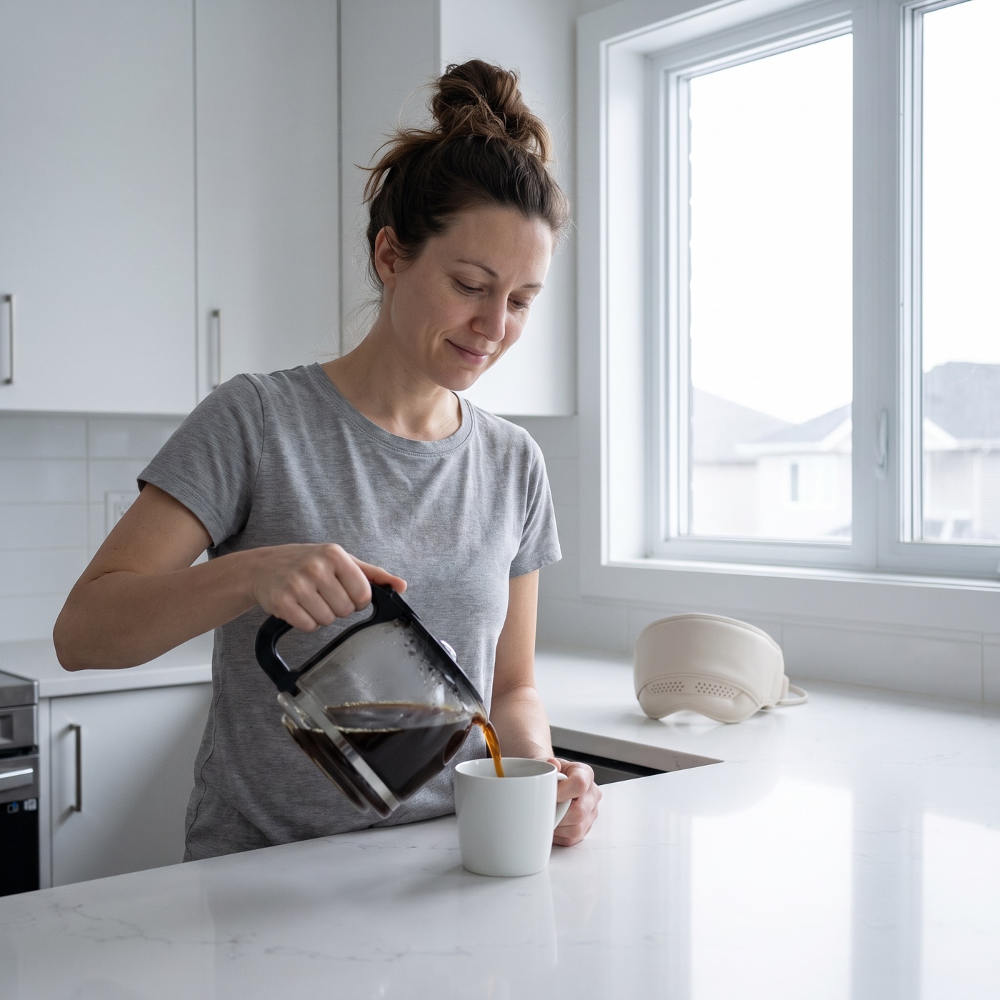 Hannah pouring a fresh coffee in her kitchen, Kalmely device resting on the counter beside her
