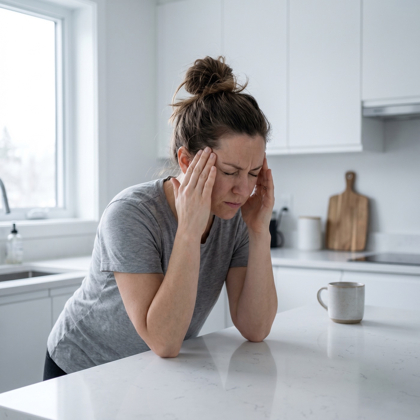 Hannah in her kitchen, eyes closed, pressing her temples as a migraine begins