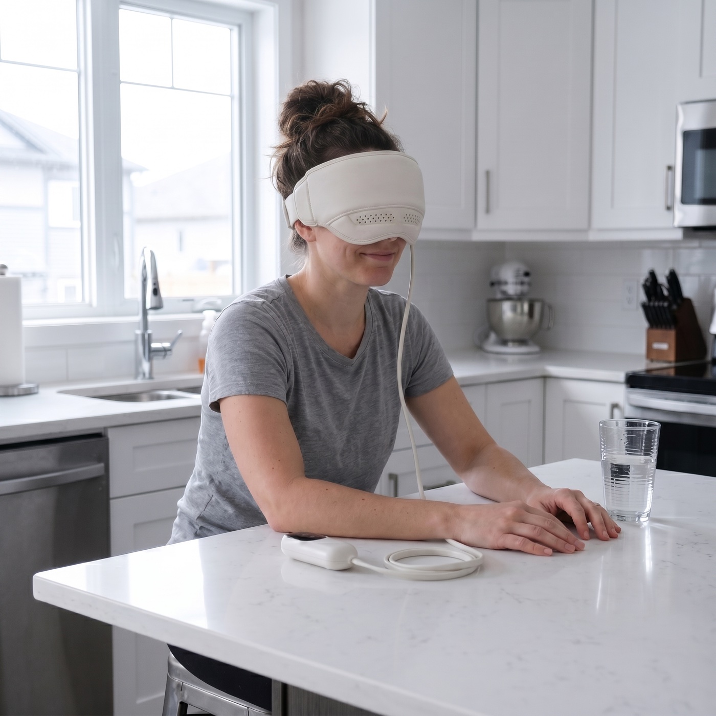 Hannah sitting at her kitchen counter wearing Kalmely, calm and present
