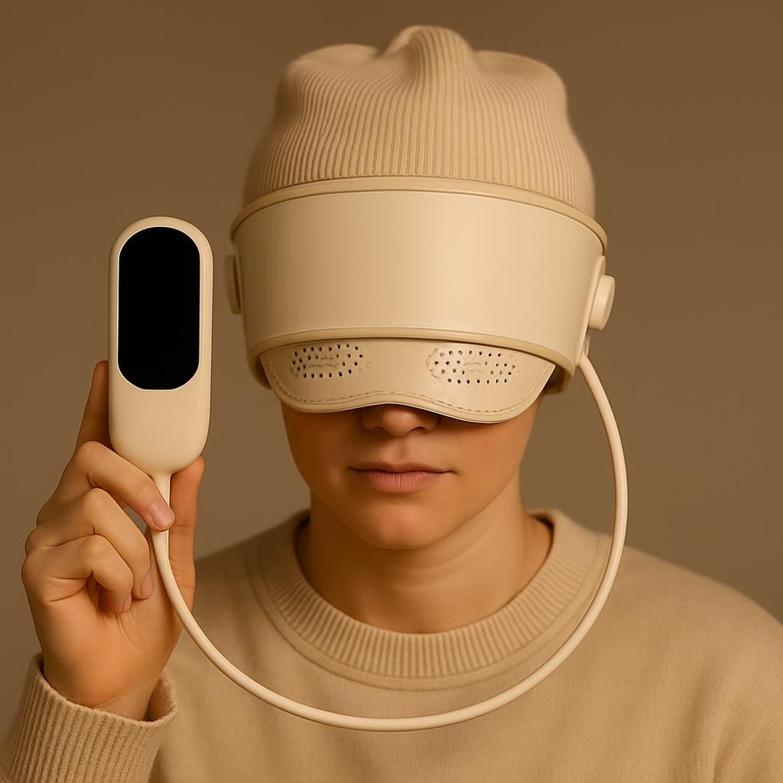 Person wearing Kalmely with handheld controller — eyes gently covered, calm expression