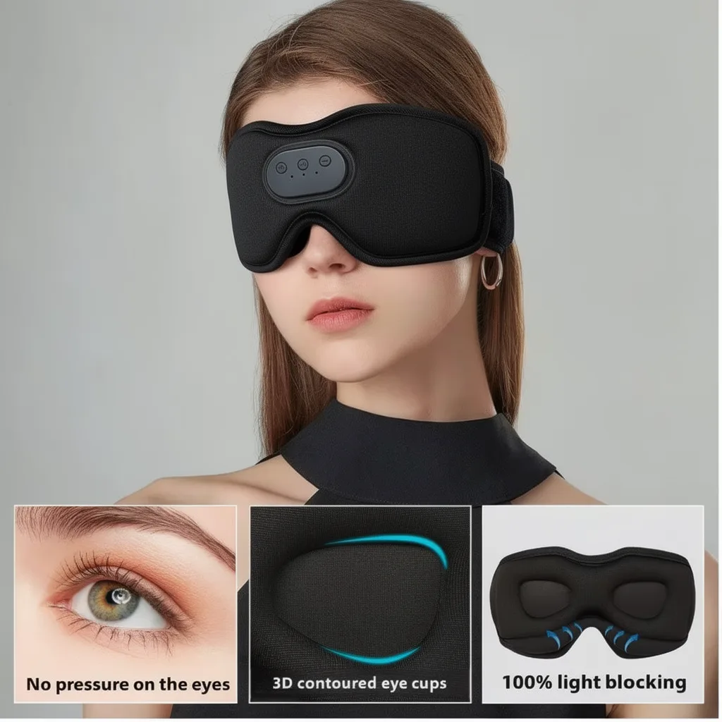 Woman wearing the Kalmely Sleep Mask, 3D contoured cups, no pressure on the eyes, 100% light blocking