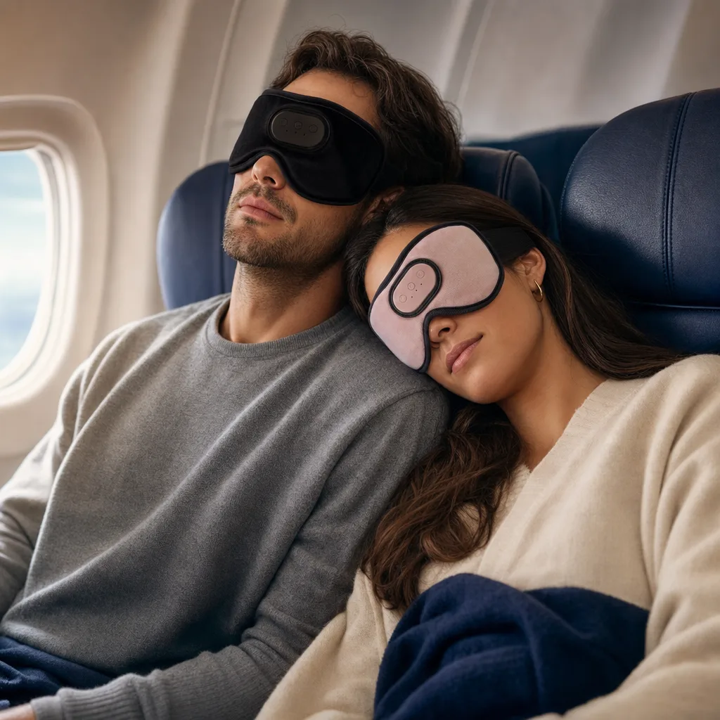 A traveller asleep on a plane wearing the Kalmely Sleep Mask