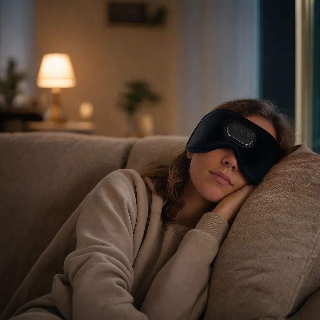 Hannah asleep at home wearing the Kalmely Sleep Mask