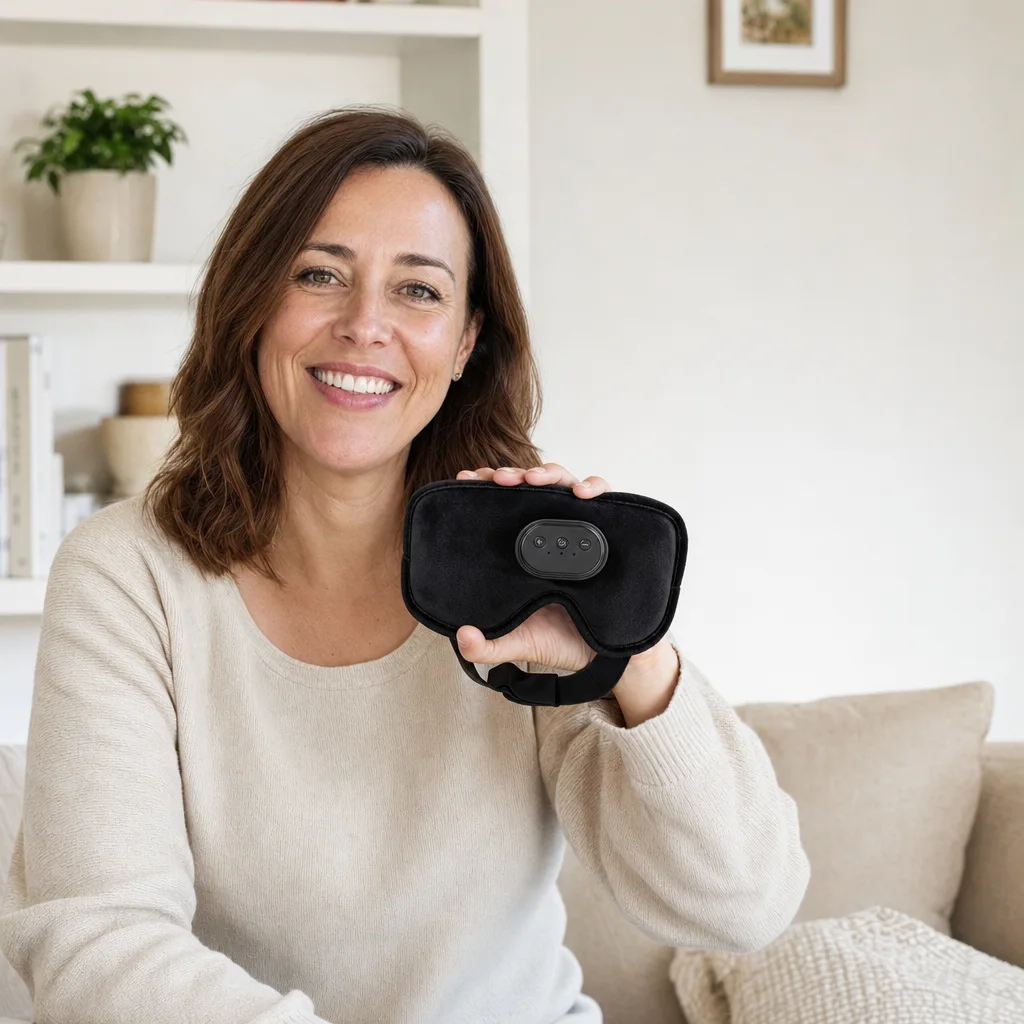 Margaret with her Kalmely Sleep Mask at home
