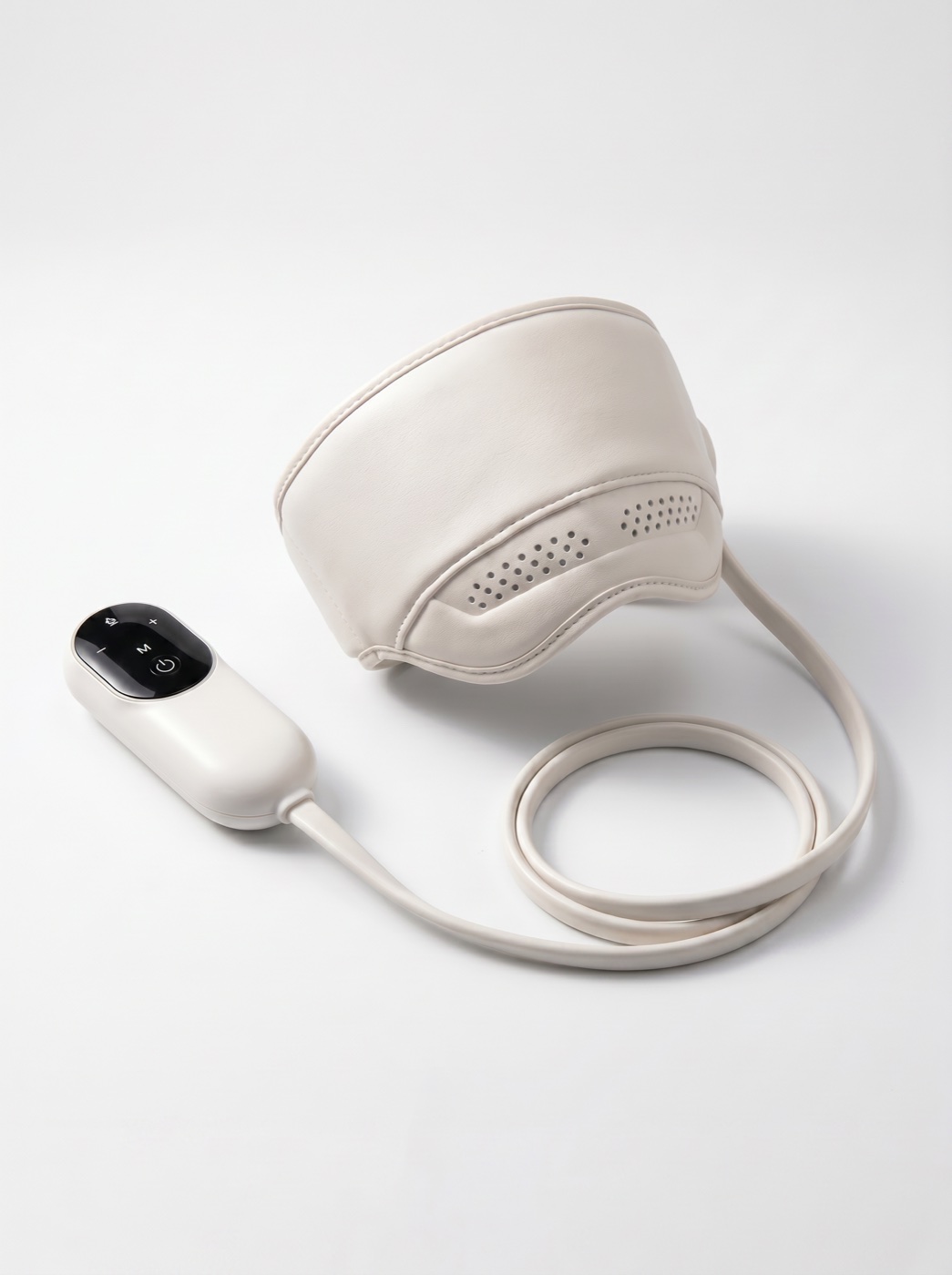 Kalmely Wireless Head Massager — band with six airbags and handheld remote on a neutral background