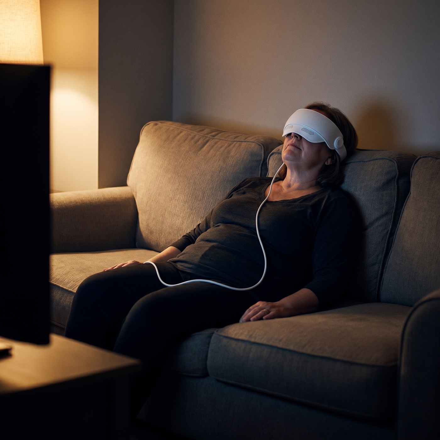 A woman wearing Kalmely on her sofa at night, eyes closed during a migraine