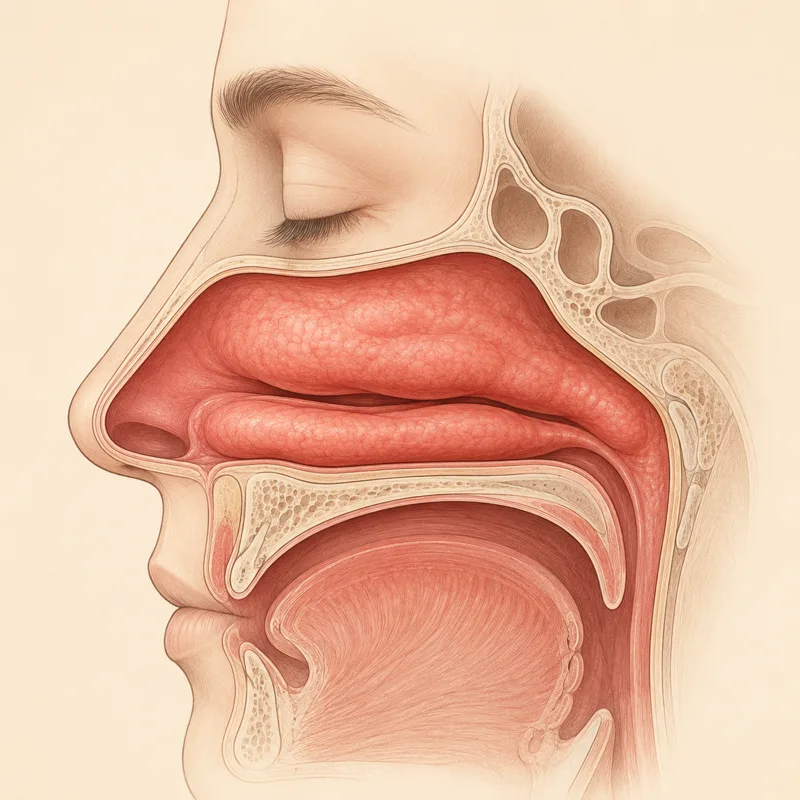 Cross-section of the nasal passage: the swollen, worn-out lining narrowing the airway
