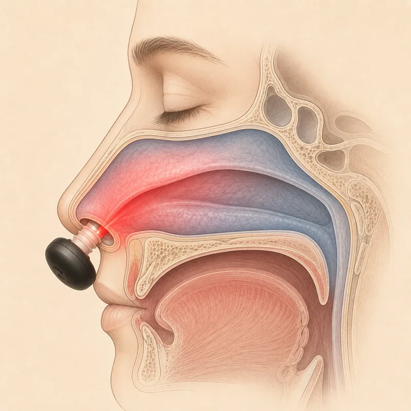 The Kalmely device delivering gentle 660nm light to the lining, tissue settling