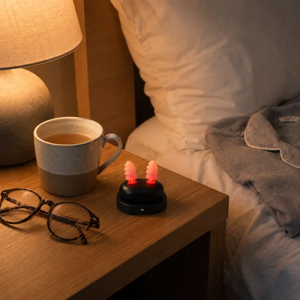 The Kalmely device on a nightstand next to tea and reading glasses