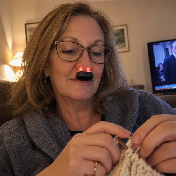 Verified customer using the Kalmely device on the sofa while knitting