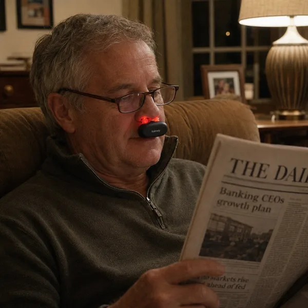 Verified customer's husband reading the paper, device on the table